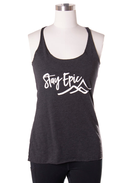 "Stay Epic" Racer Flow Tank in Heathered Charcoal